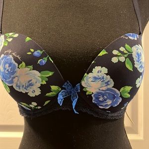 NWT Gilly Hicks Push ‘Em Up Plunge Padded Bra in Navy Blue w/Flowers Sz 34D